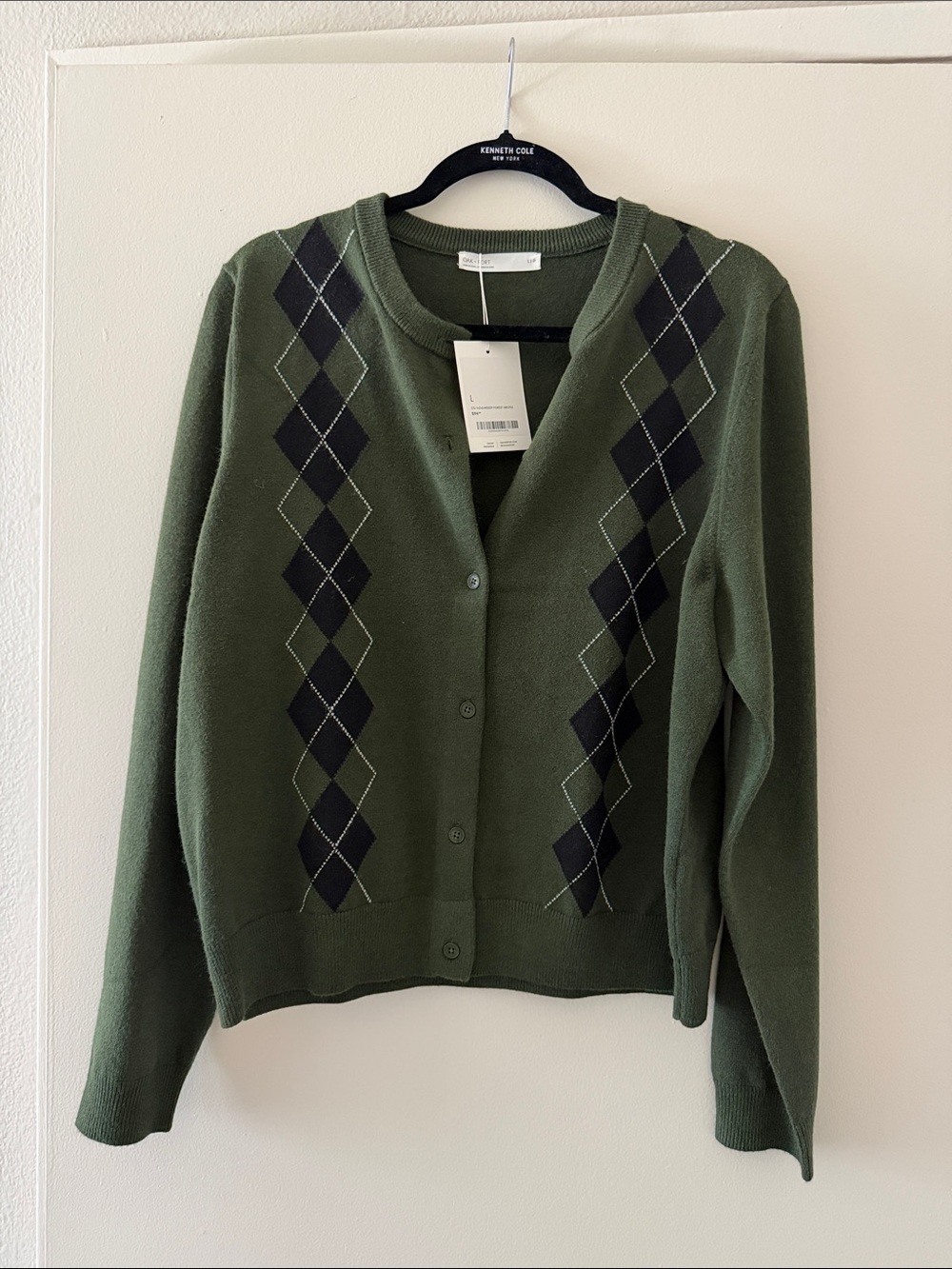 OAK + FORT Olive Green Argyle Knit Cardigan with Black Diamonds